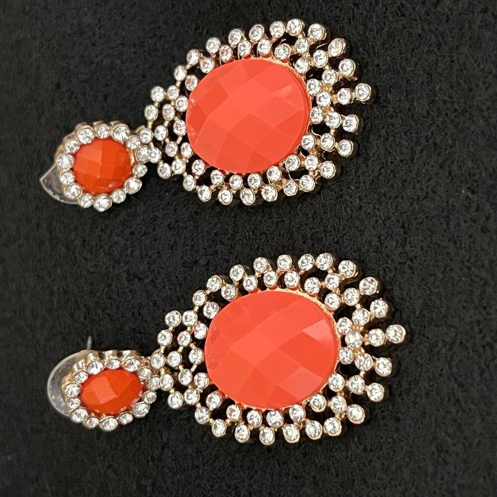 Goldtone Pierced Dangle Rhinestone Salmon Orange Bead Pierced Earrings